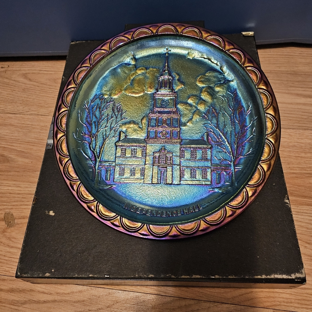 Fenton Iridescent Glass Plate with Blue and Gold Hues